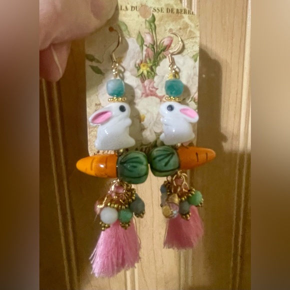 Pink and Orange Bunny Tassel Earrings - Picture 7 of 8